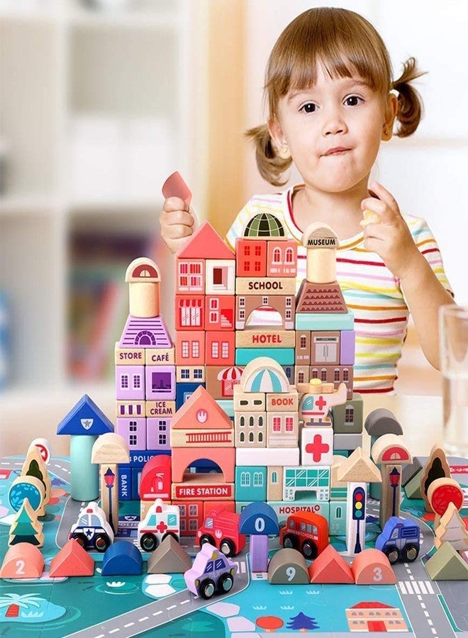 umbresen 115 Pcs Wooden City Building Blocks Set, Colorful Stacking Preschool Educational Toys for Toddlers Boys Girls Gifts with 20 Pcs Floor Jigsaw Puzzle and Storage Bag (City Building Toy Set) - Image 5